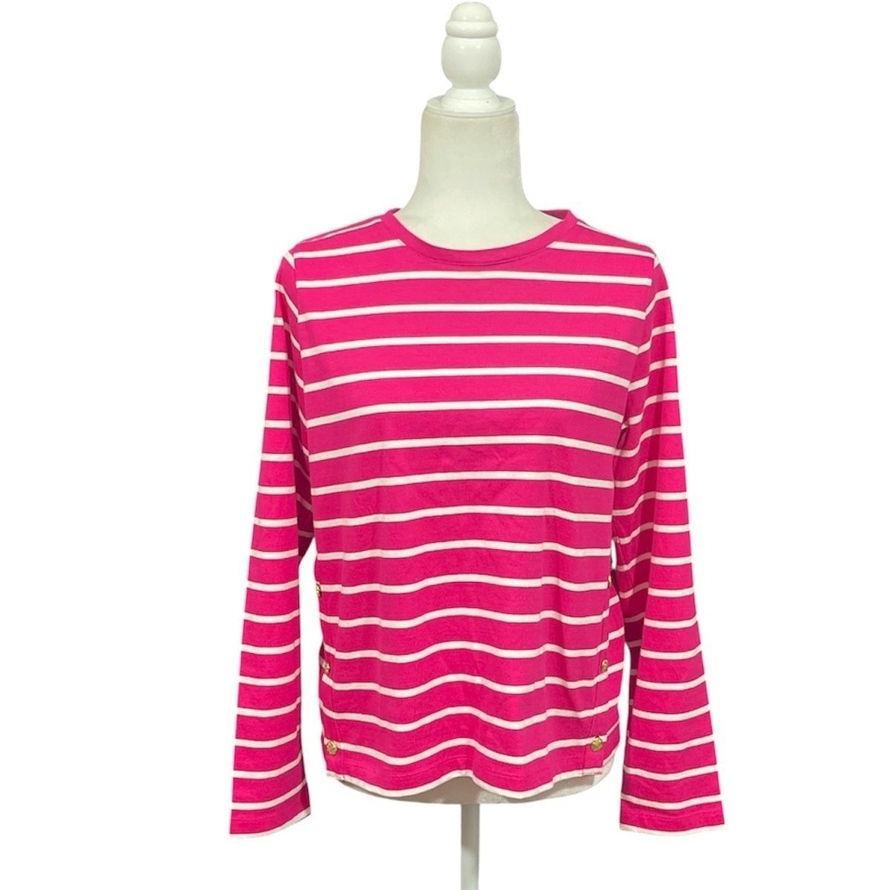 J.Crew Striped Long Sleeve Top Medium Pink White Gold Buttons Preppy Nautical